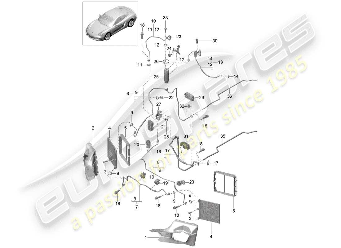 porsche cayman 981 (2015) diagrama de piezas del circuito refrigerante