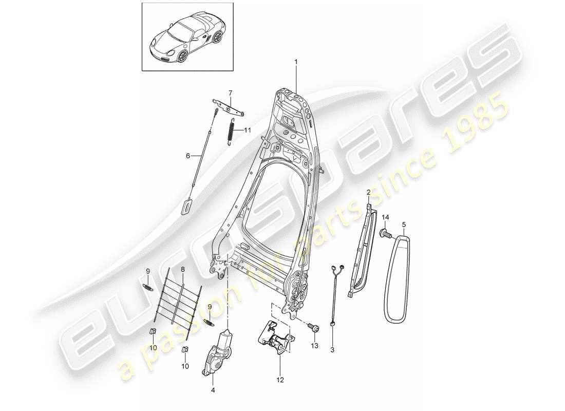 porsche 2009 (987 boxster) diagrama de piezas del marco del respaldo