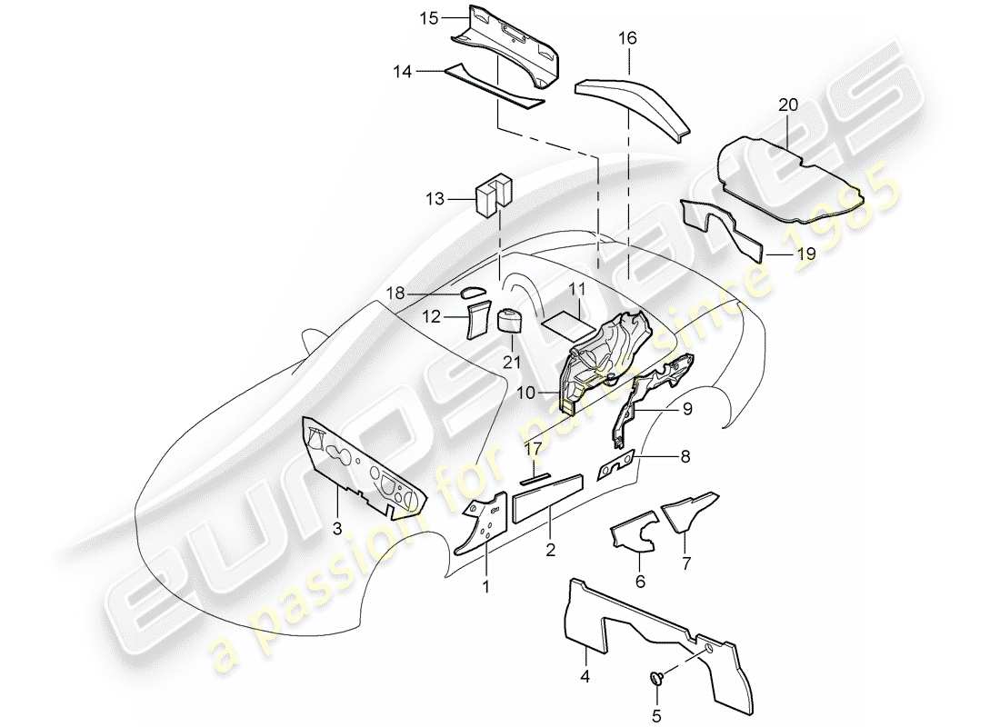 porsche 2010 (987 boxster) diagrama de piezas de la carcasa del cuerpo