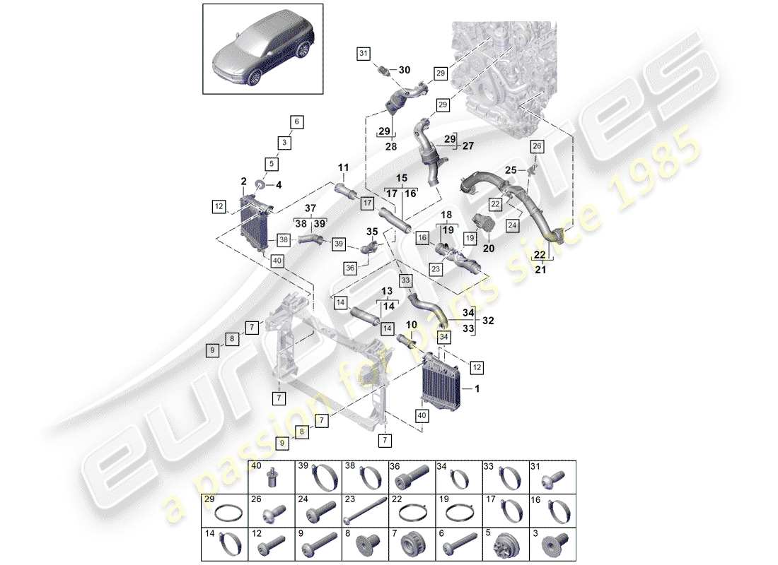 porsche 2018 (cayenne e3 9ya/9yb) diagrama de piezas del enfriador de aire de carga