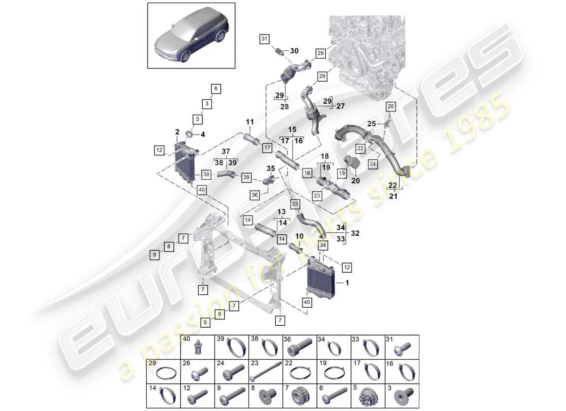 porsche cayenne e3 (2018) diagrama de piezas del enfriador de aire de carga