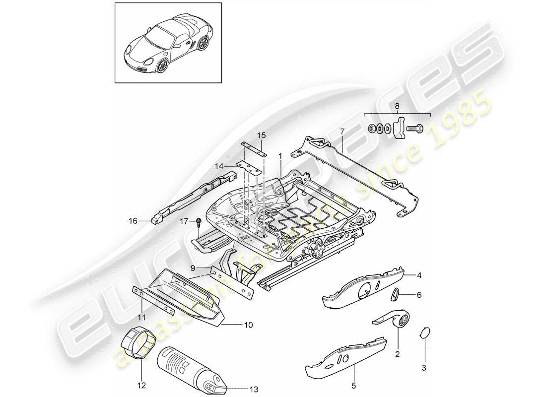porsche 2010 (987 boxster) diagrama de piezas del marco del asiento