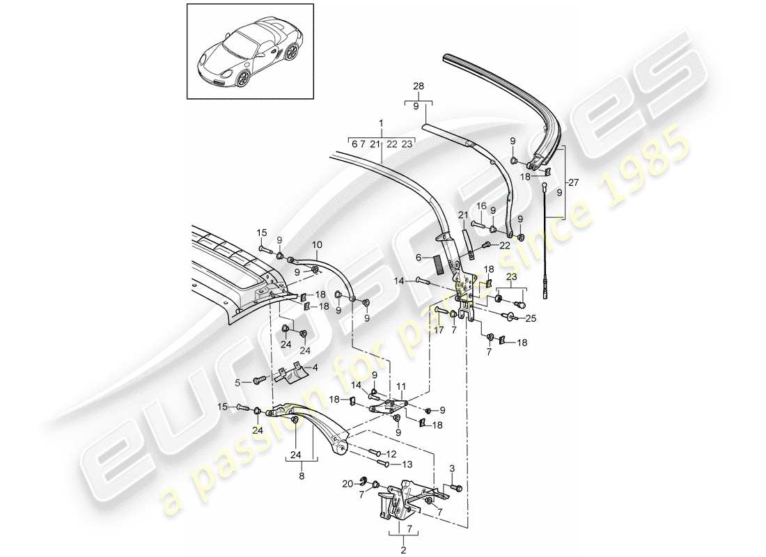 porsche 2012 (987 boxster) diagrama de piezas del marco superior