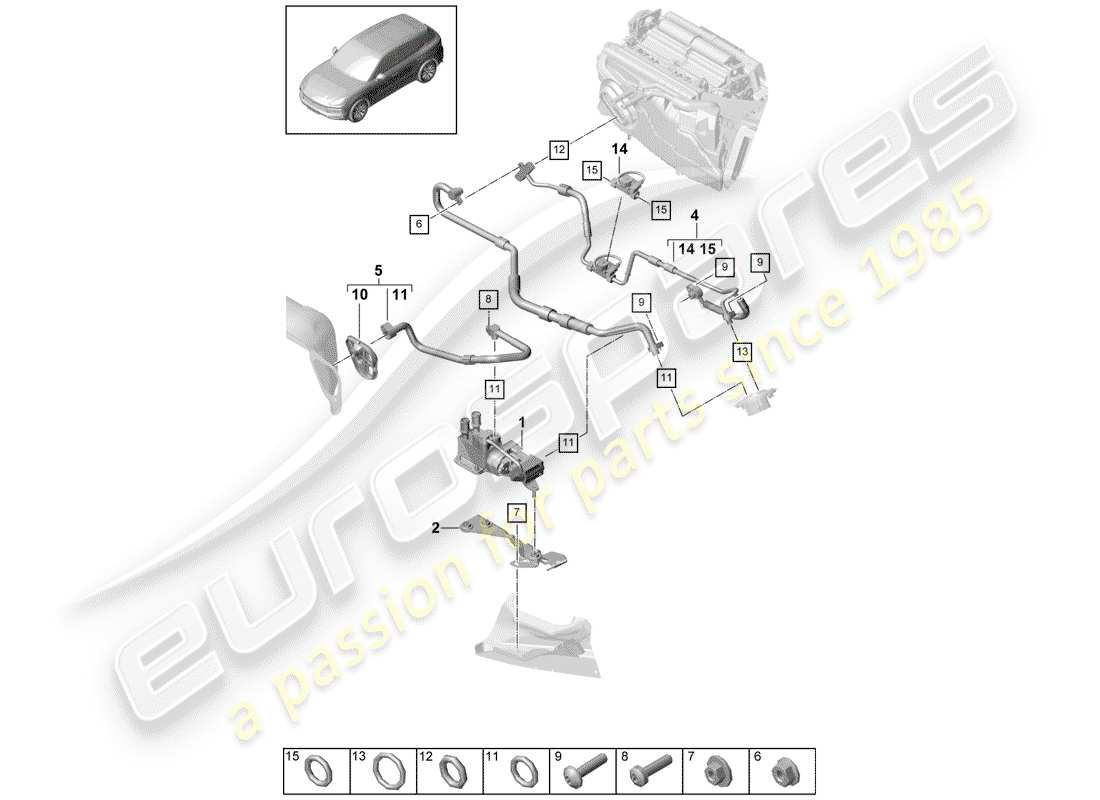porsche 2020 (cayenne e3 9ya/9yb) diagrama de piezas del circuito refrigerante