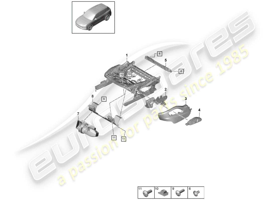 porsche 2020 (cayenne e3 9ya/9yb) diagrama de piezas del marco del asiento