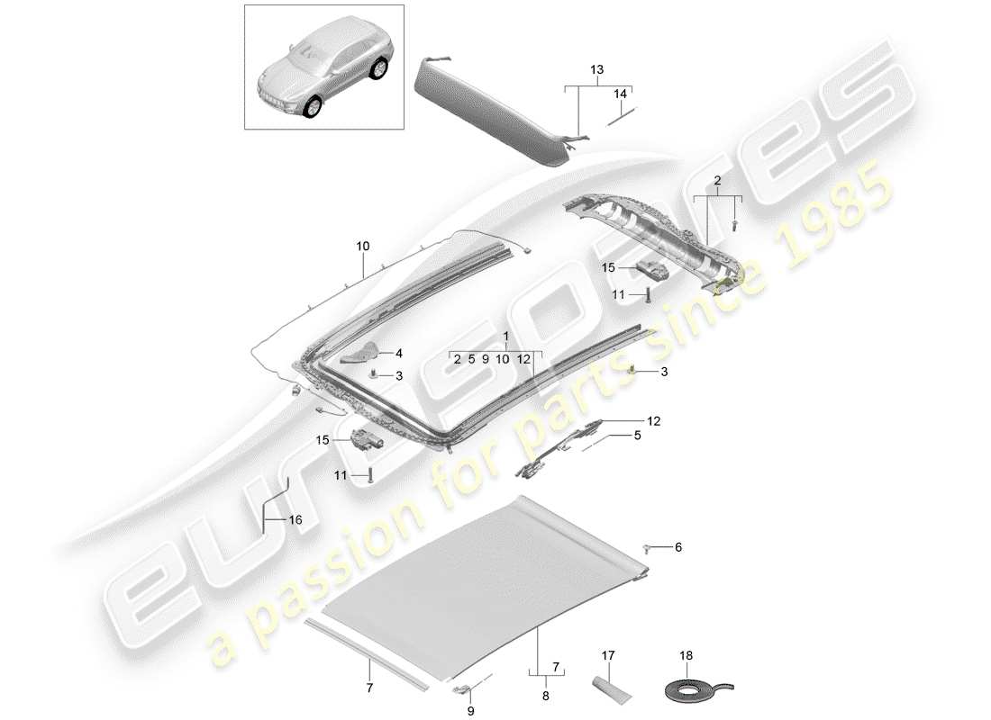 porsche 2017 (macan) diagrama de piezas del techo de cristal