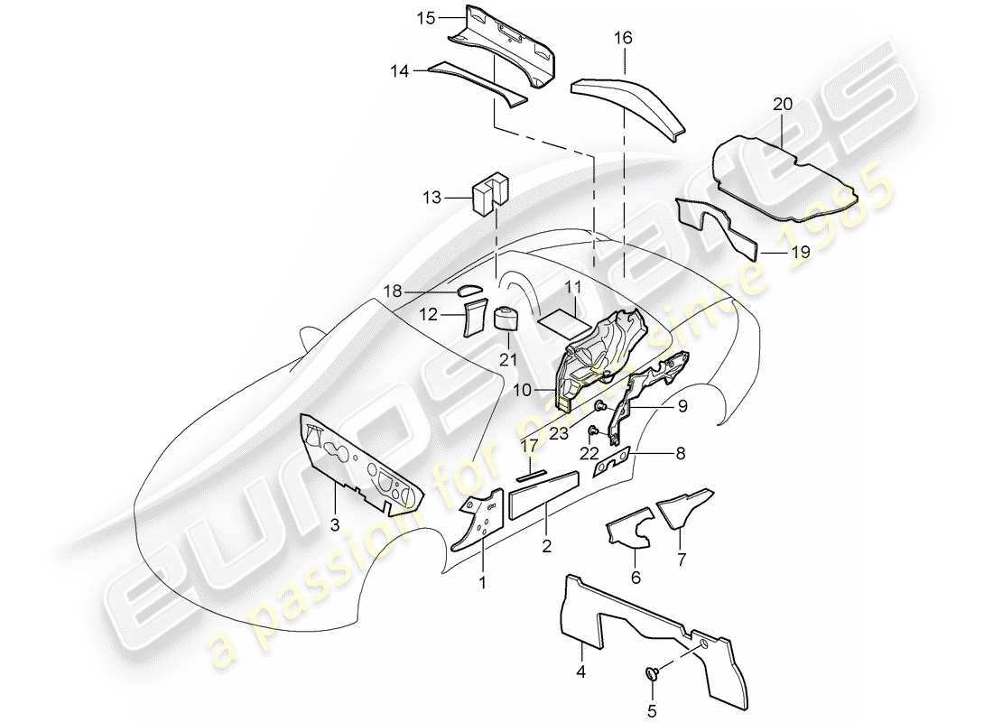 porsche 2005 (987 boxster) diagrama de piezas de la carcasa del cuerpo