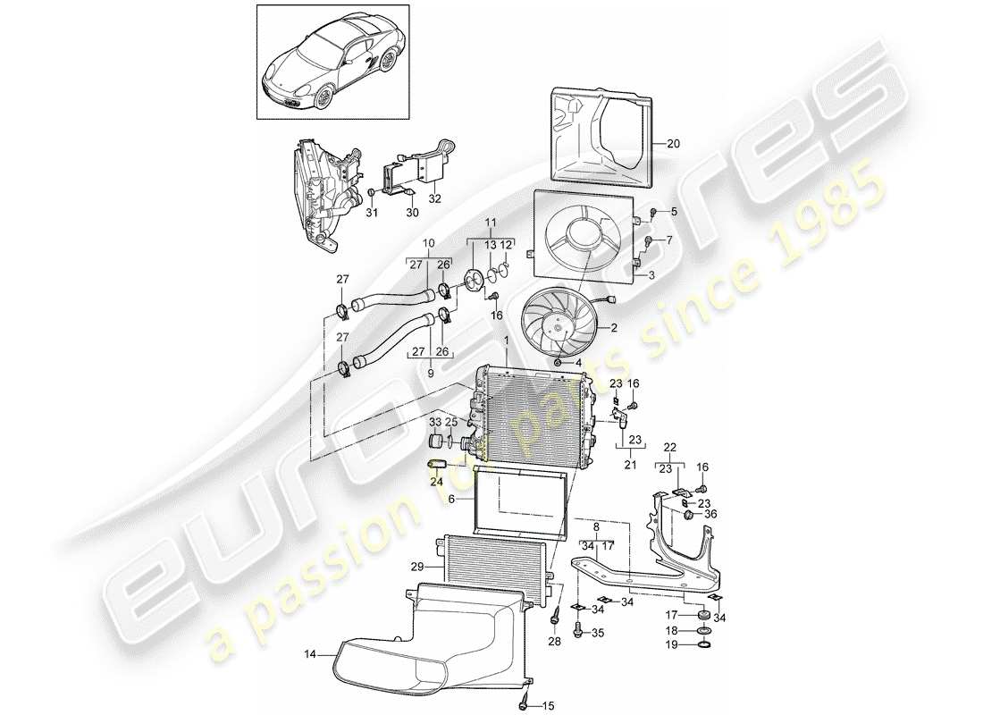 porsche 2009 (987 cayman) refrigeración por agua 3 diagrama de piezas