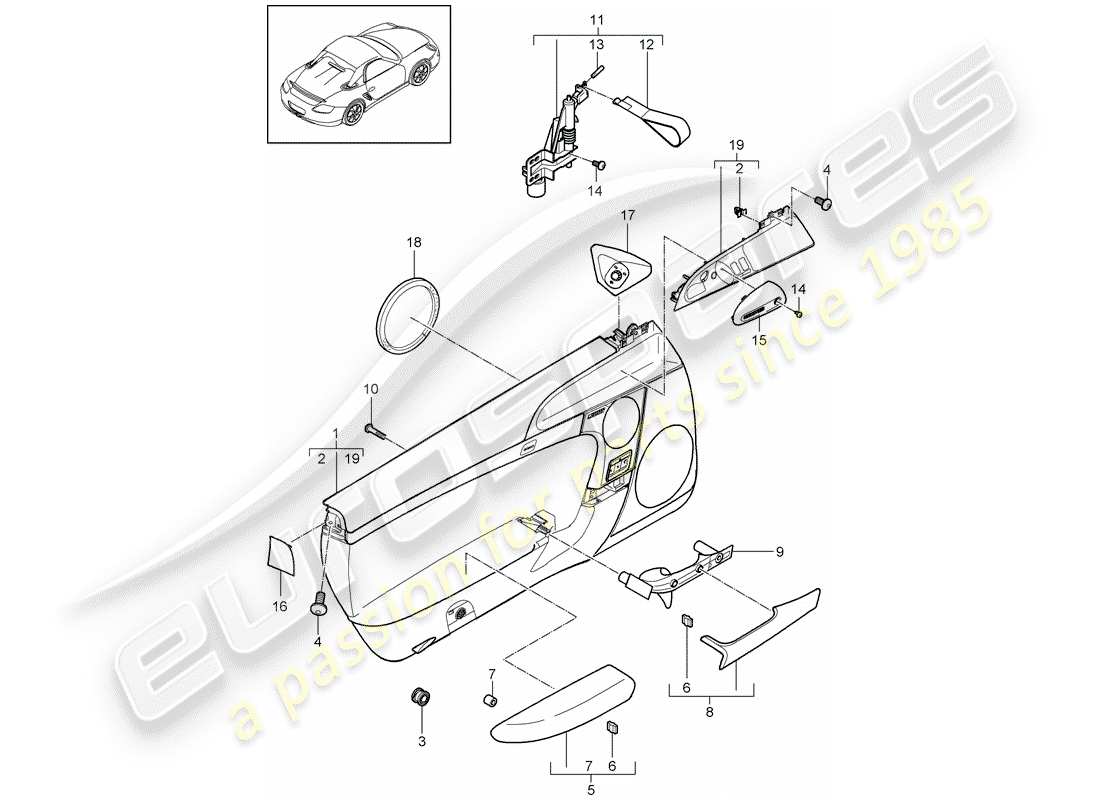porsche 2009 (987 boxster) diagrama de piezas del panel de puerta