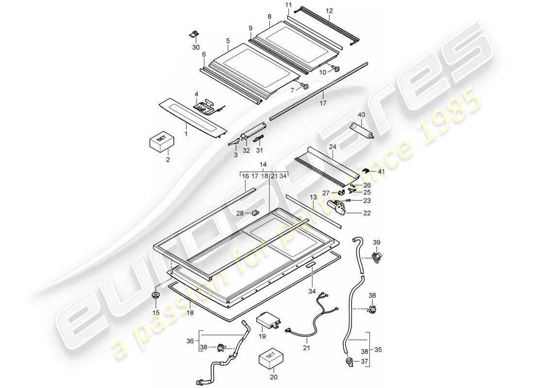 porsche 2008 (cayenne e1 9pa) diagrama de piezas del techo de cristal