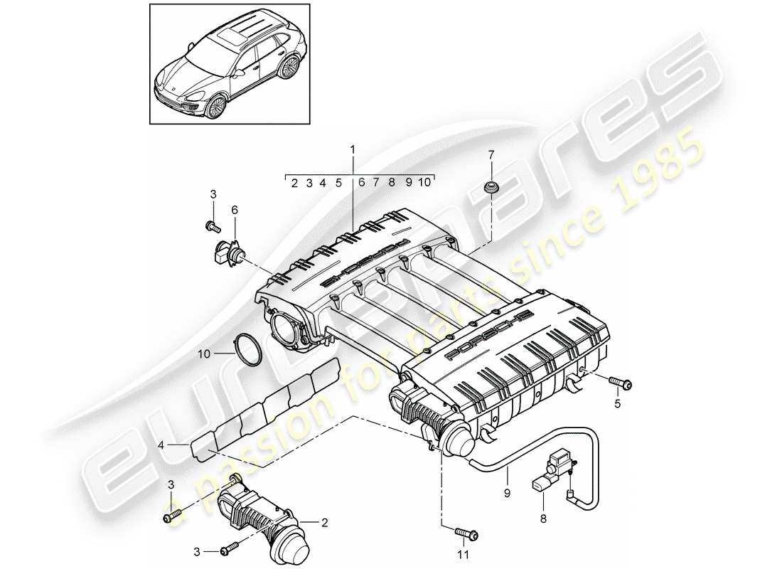 porsche 2012 (cayenne e2 92a) diagrama de piezas del colector de admisión