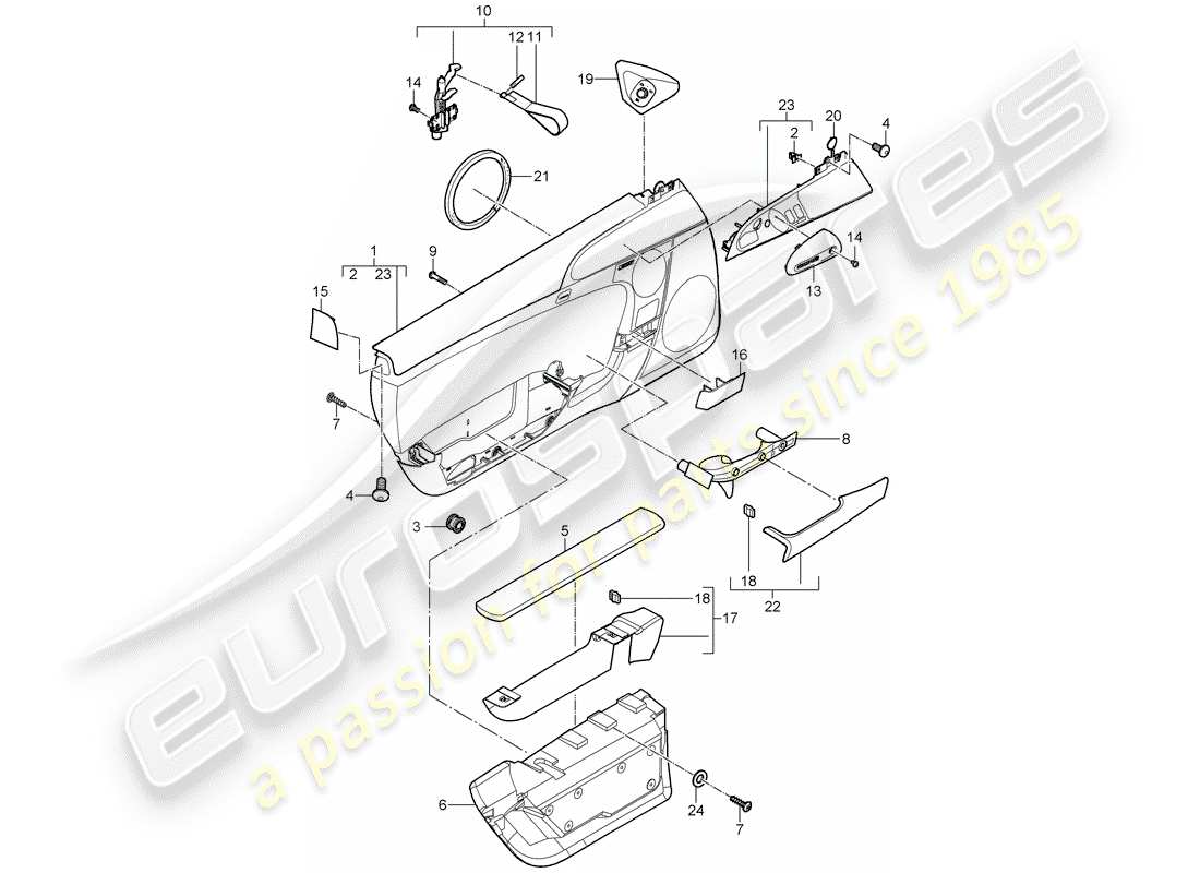 porsche 2007 (997-1 gt3) diagrama de piezas del panel de puerta