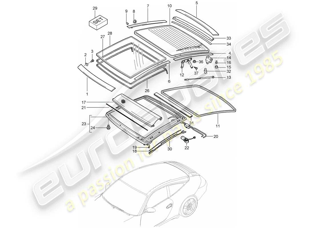 porsche 2011 (997-2) techo de cristal diagrama de piezas