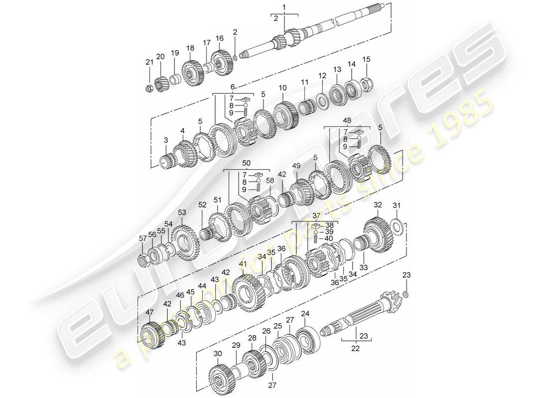 porsche 2008 (997-1 turbo / gt2) engranajes y ejes diagrama de piezas