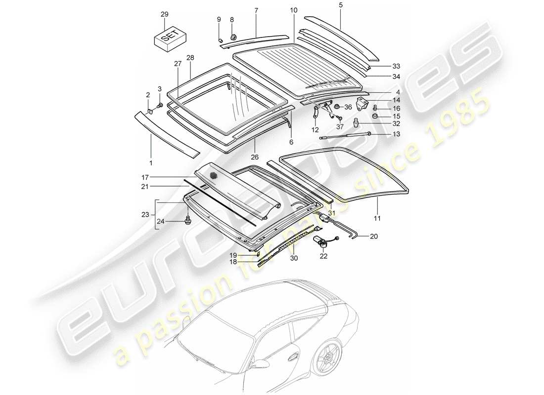 porsche 2007 (997-1) techo de cristal diagrama de piezas