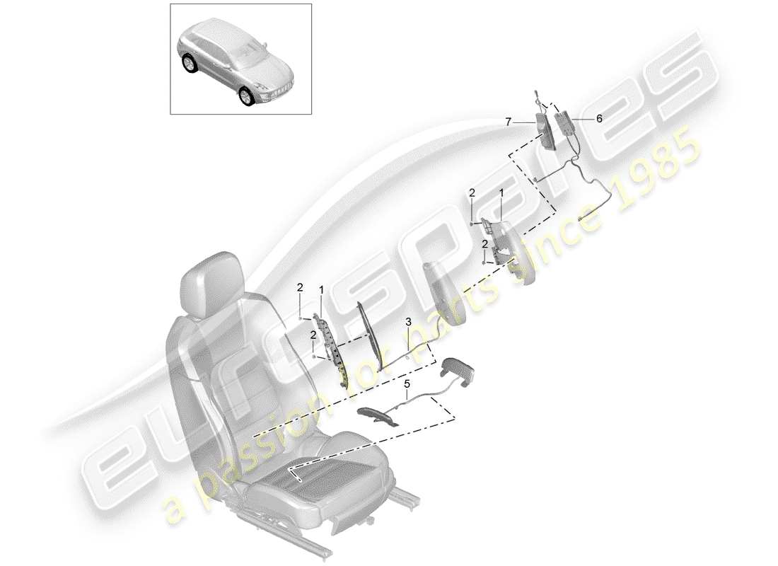 porsche 2018 (macan) ajuste del soporte lumbar diagrama de piezas