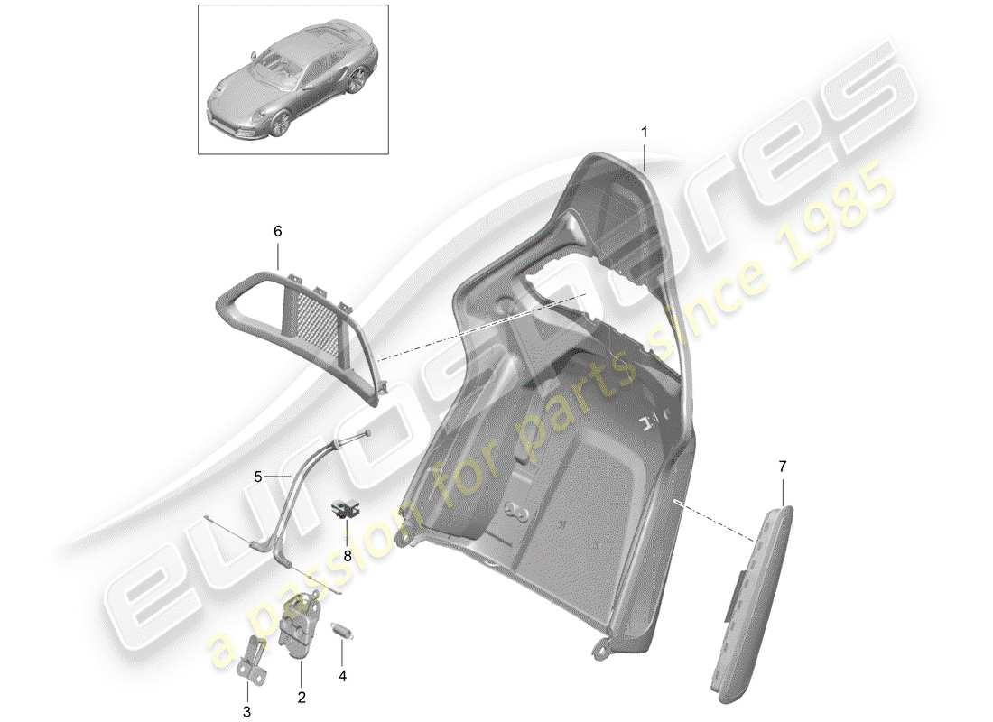 porsche 991 turbo (2016) diagrama de piezas de la carcasa del respaldo