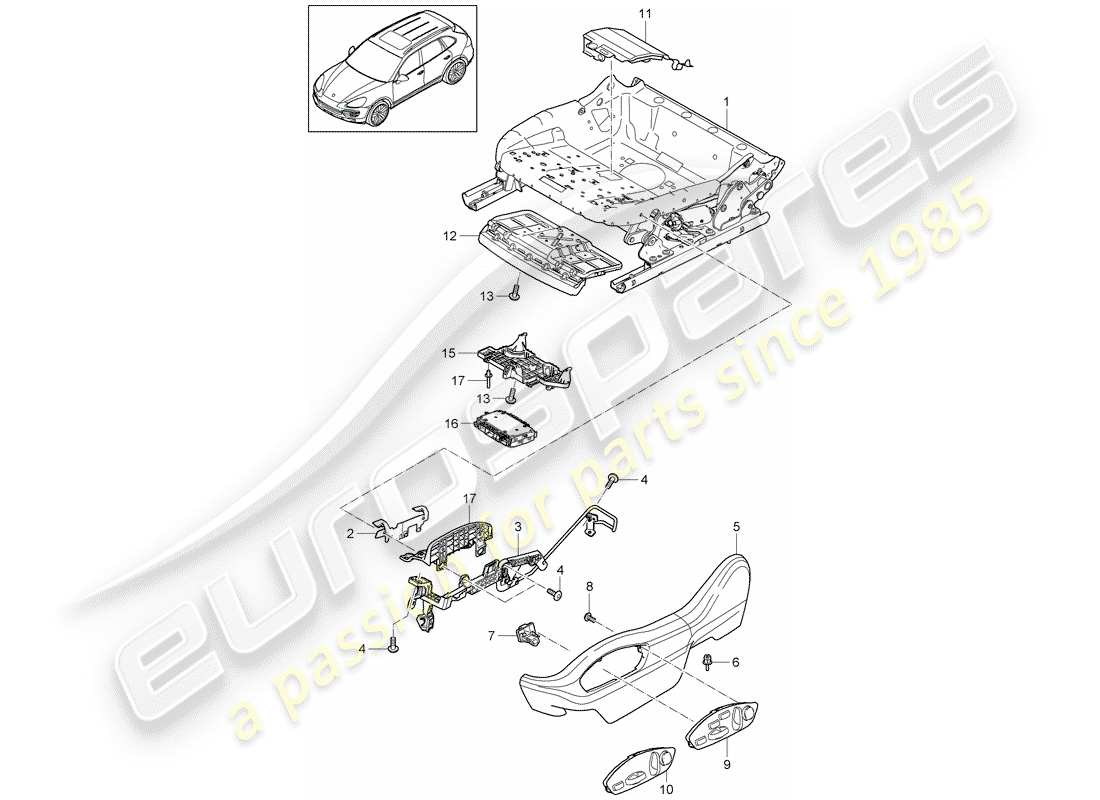 porsche 2017 (cayenne e2 92a) estructura del asiento diagrama de piezas