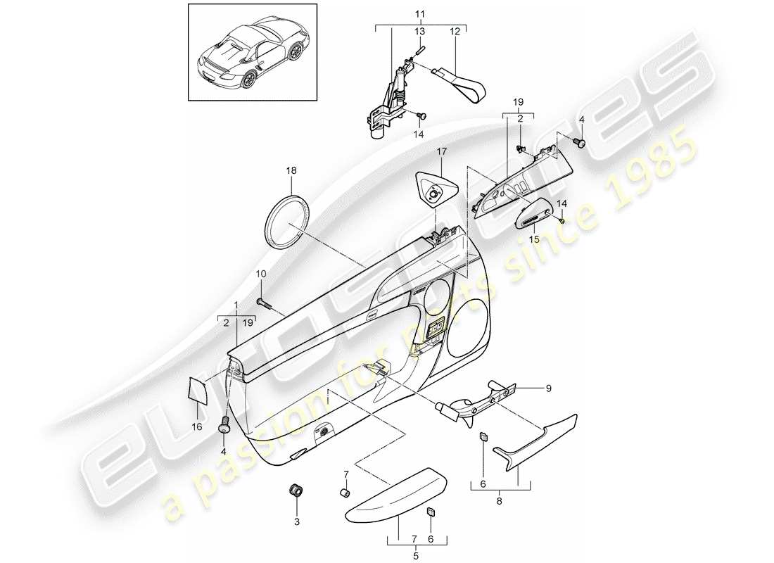 porsche 2011 (987 cayman) diagrama de piezas del panel de puerta