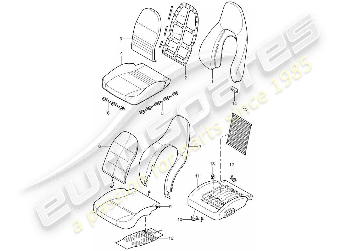 porsche 996 (2000) fundas de respaldo - fundas de asiento - parte de espuma - asiento estándar - asiento confort diagrama de piezas