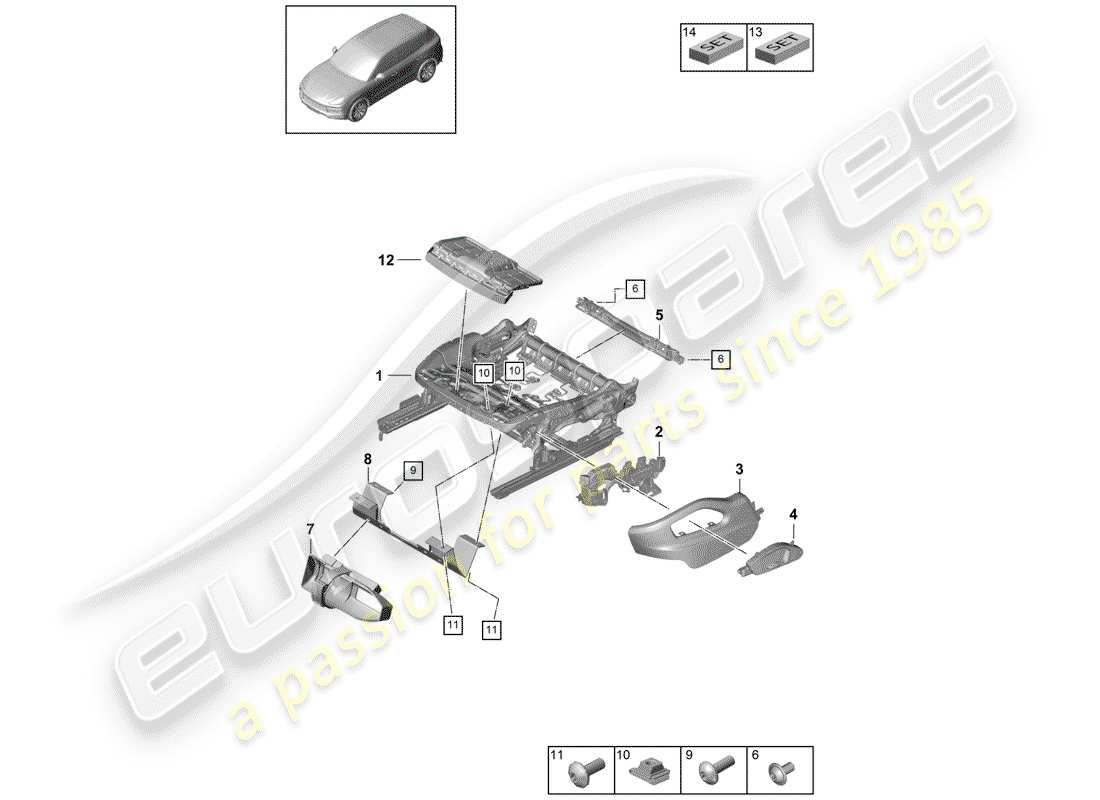 porsche 2018 (cayenne e3 9ya/9yb) diagrama de piezas del marco del asiento