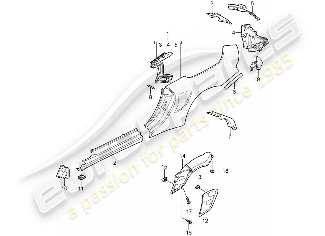 porsche 2009 997-2 turbo / gt2 panel lateral diagrama de piezas