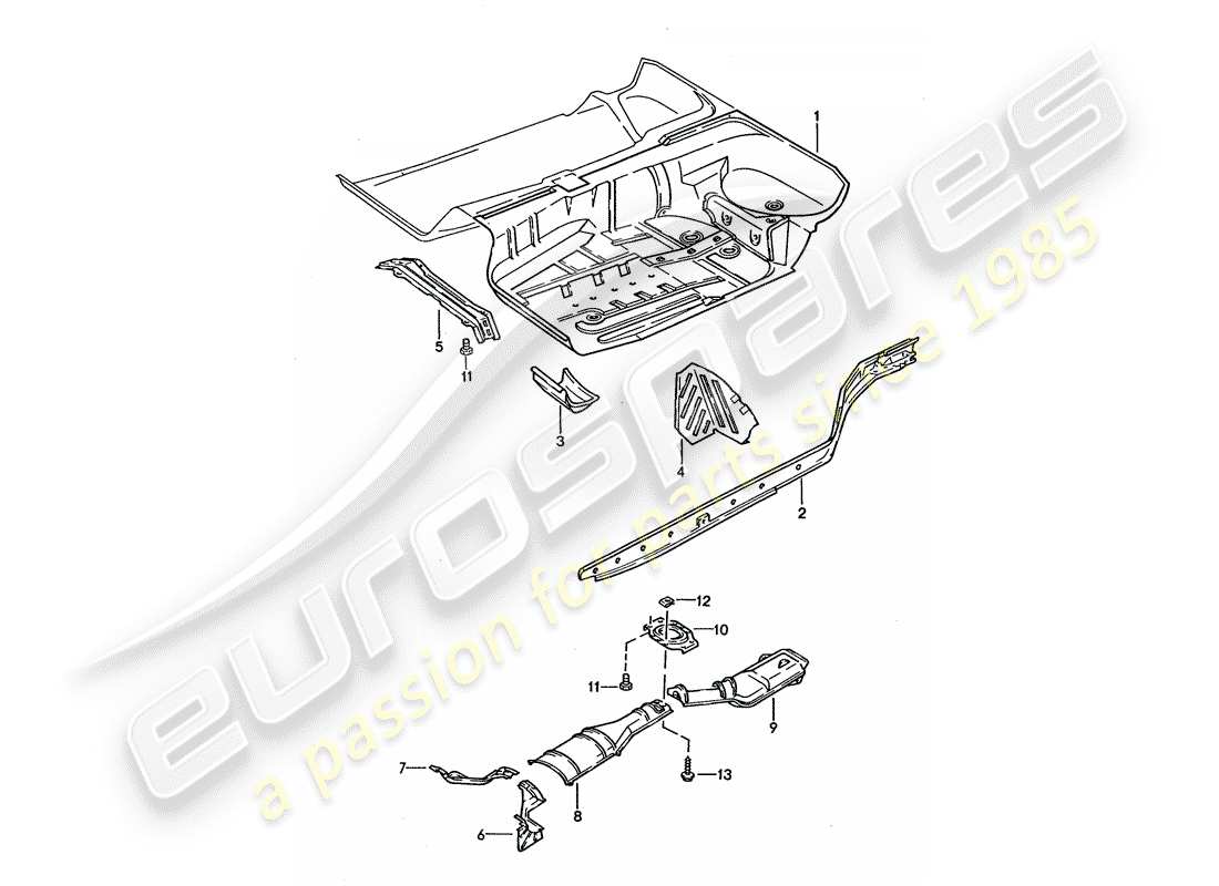 porsche 1994 (928) pan de piso - marco diagrama de piezas