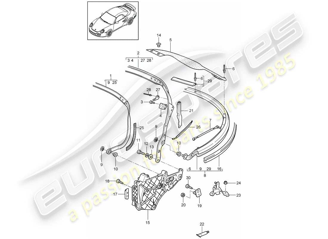 porsche 2009 997-2 turbo / gt2 diagrama de piezas del marco superior