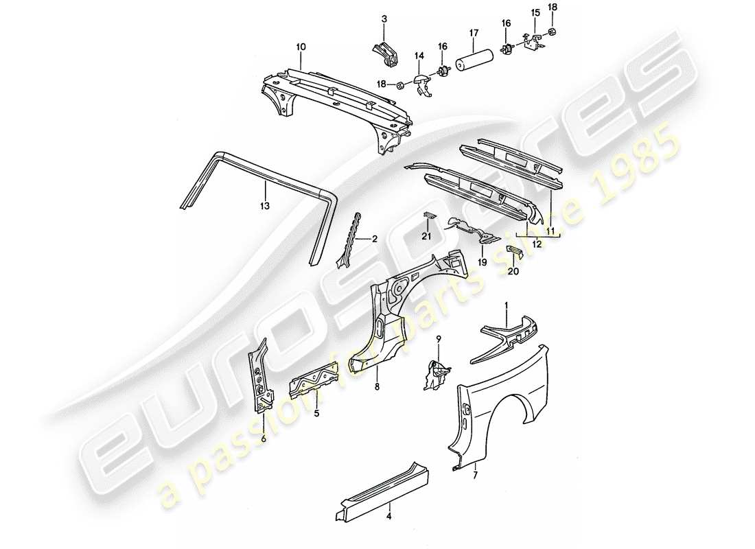 porsche 1991 (944) panel lateral - marco del parabrisas - placa extrema diagrama de piezas
