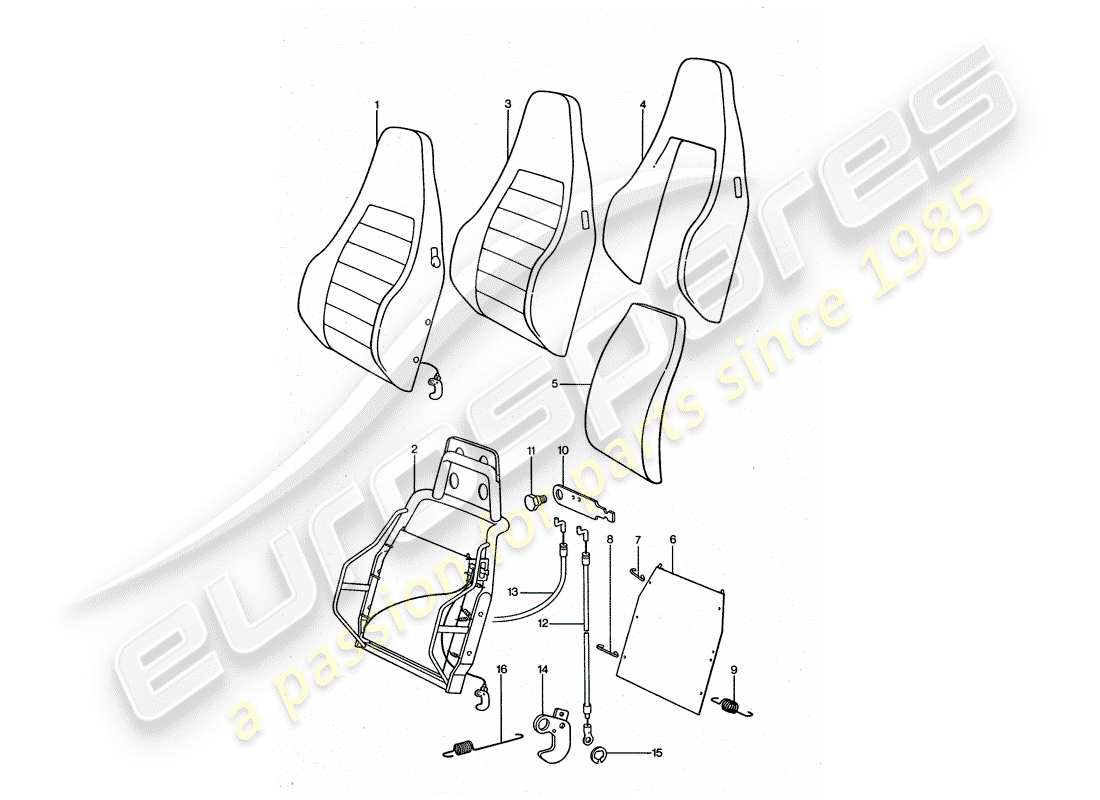 porsche 1975 (911 turbo) asiento deportivo - respaldo - partes individuales esquema de piezas