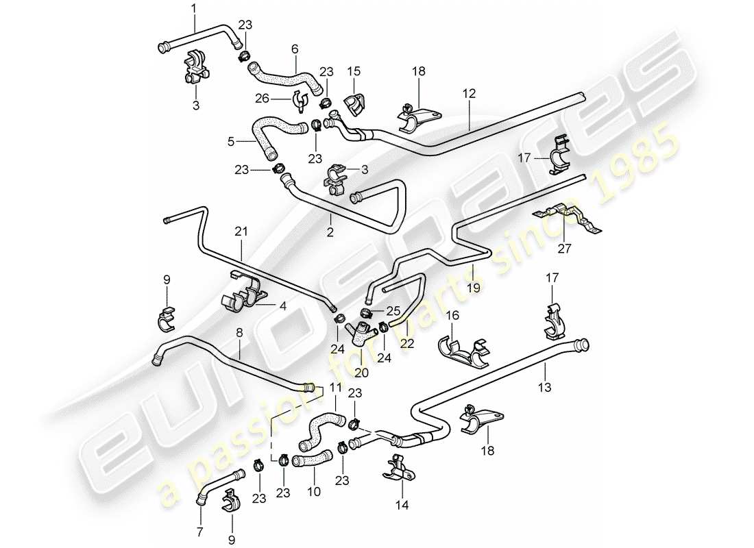 porsche 2001 (996) diagrama de piezas de refrigeración por agua