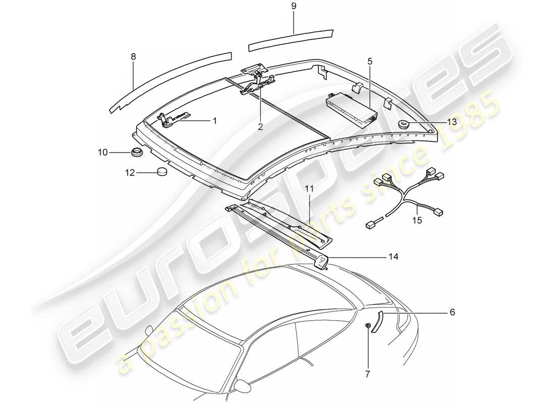 porsche 2000 (996) techo de cristal - accionamiento eléctrico diagrama de piezas