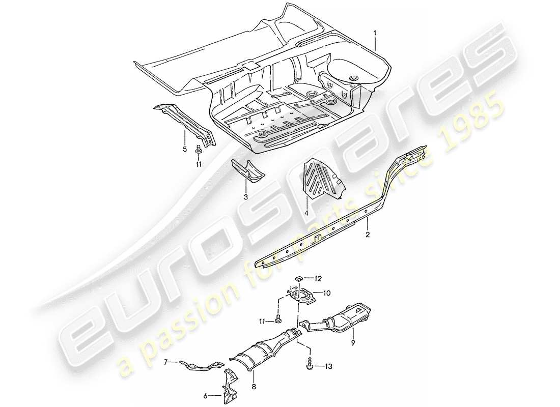 porsche 1990 (928) panel de piso - diagrama de piezas del marco