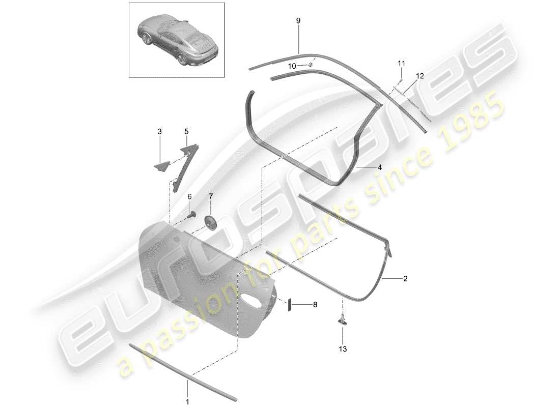 porsche 991 turbo (2016) diagrama de piezas del sello de puerta