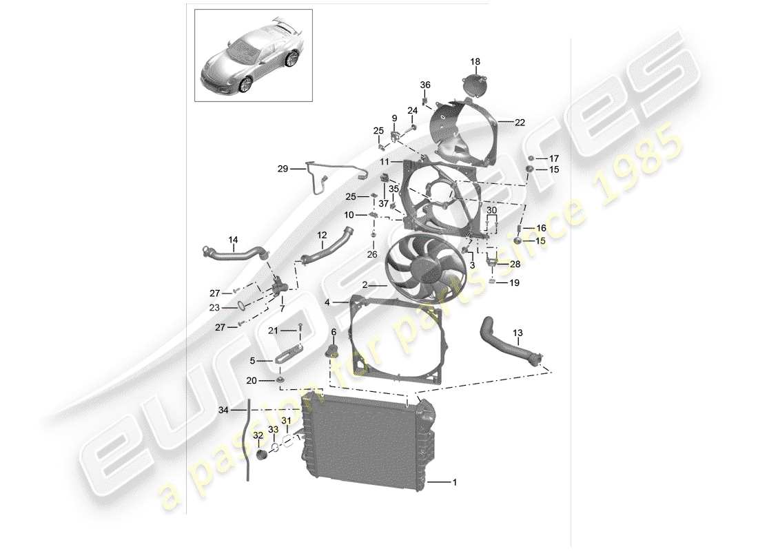 porsche 2017 (991-2 r/gt3/rs) diagrama de piezas de refrigeración por agua