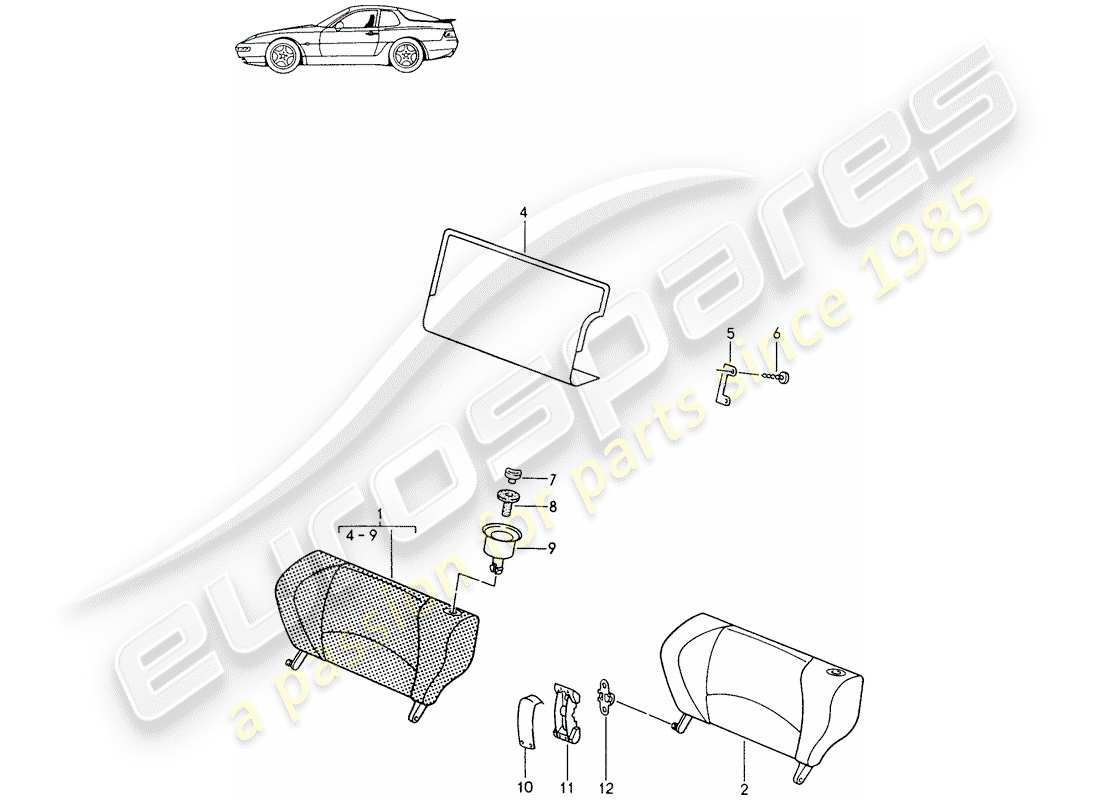porsche 1991 (seats for 944/968/911/928) asiento de emergencia - respaldo - con: - botón de liberación - d - mj 1994>> - mj 1995 diagrama de piezas