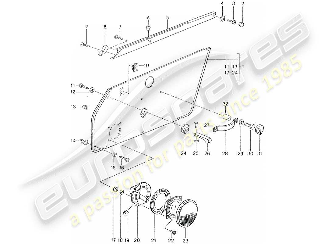 porsche 1990 (964) equipamiento interior - puertas diagrama de piezas