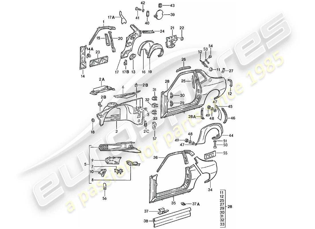 porsche 1982 (924) panel lateral diagrama de piezas
