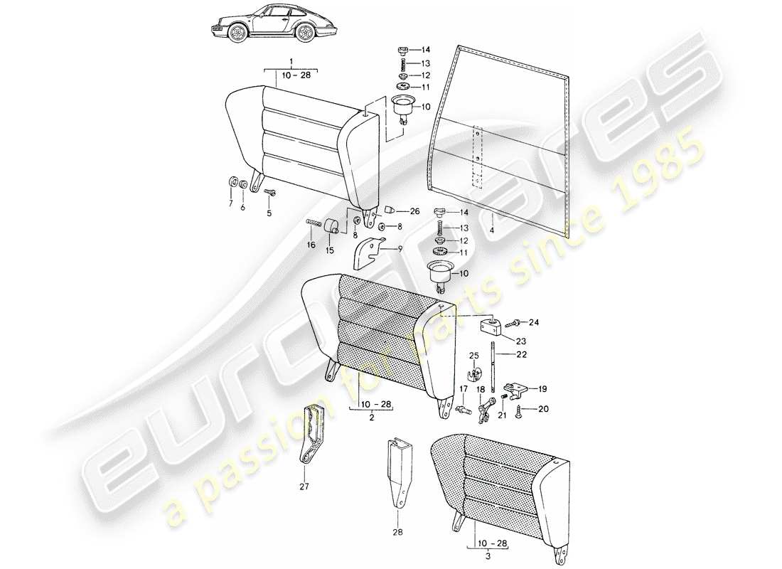 un diagrama de piezas del catálogo de piezas porsche 1985 (seats for 944/968/911/928)