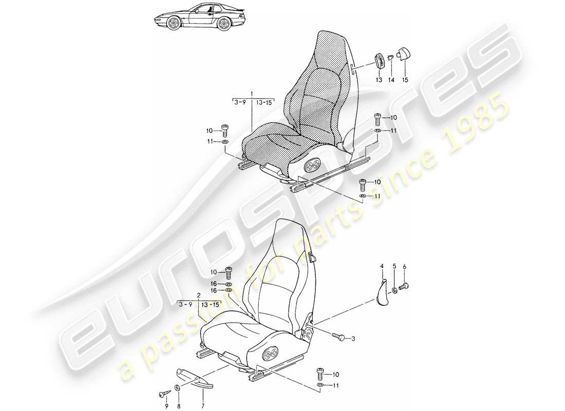 un diagrama de piezas del catálogo de piezas porsche 1995 (seats for 944/968/911/928)
