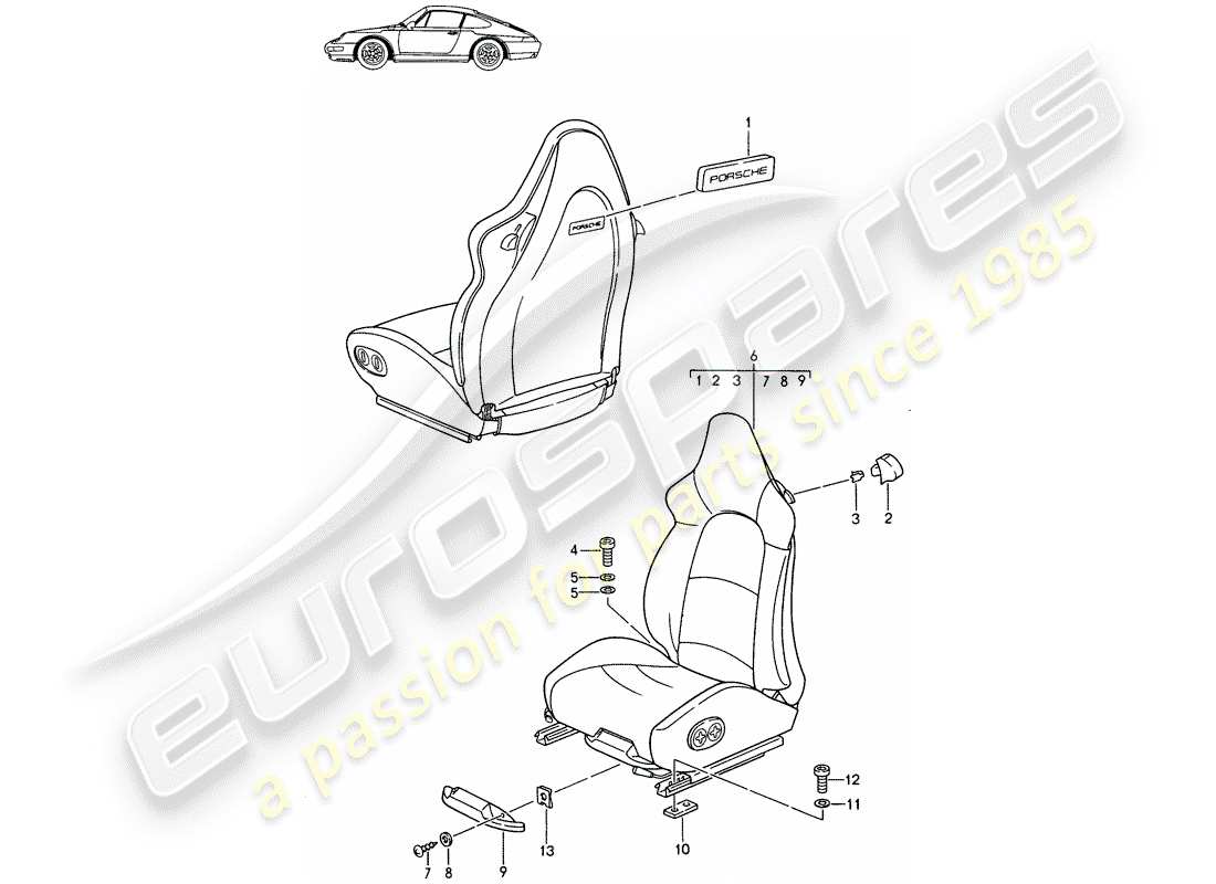 un diagrama de piezas del catálogo de piezas porsche 1995 (seats for 944/968/911/928)
