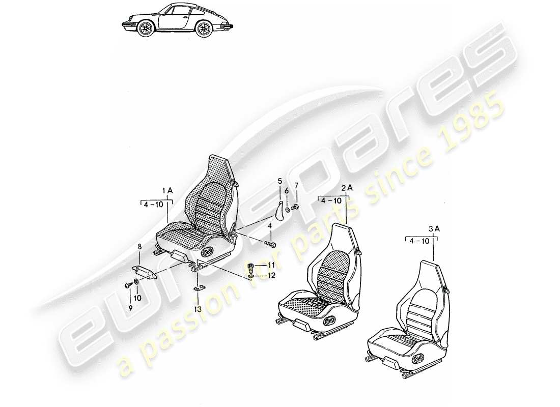 un diagrama de piezas del catálogo de piezas porsche 1985 (seats for 944/968/911/928)