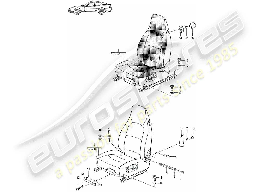 un diagrama de piezas del catálogo de piezas porsche 1994 (seats for 944/968/911/928)