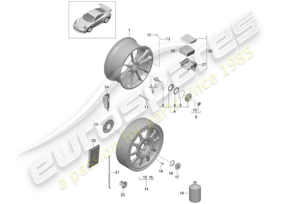 porsche 2014 (991-1 turbo) rueda de aleación diagrama de piezas