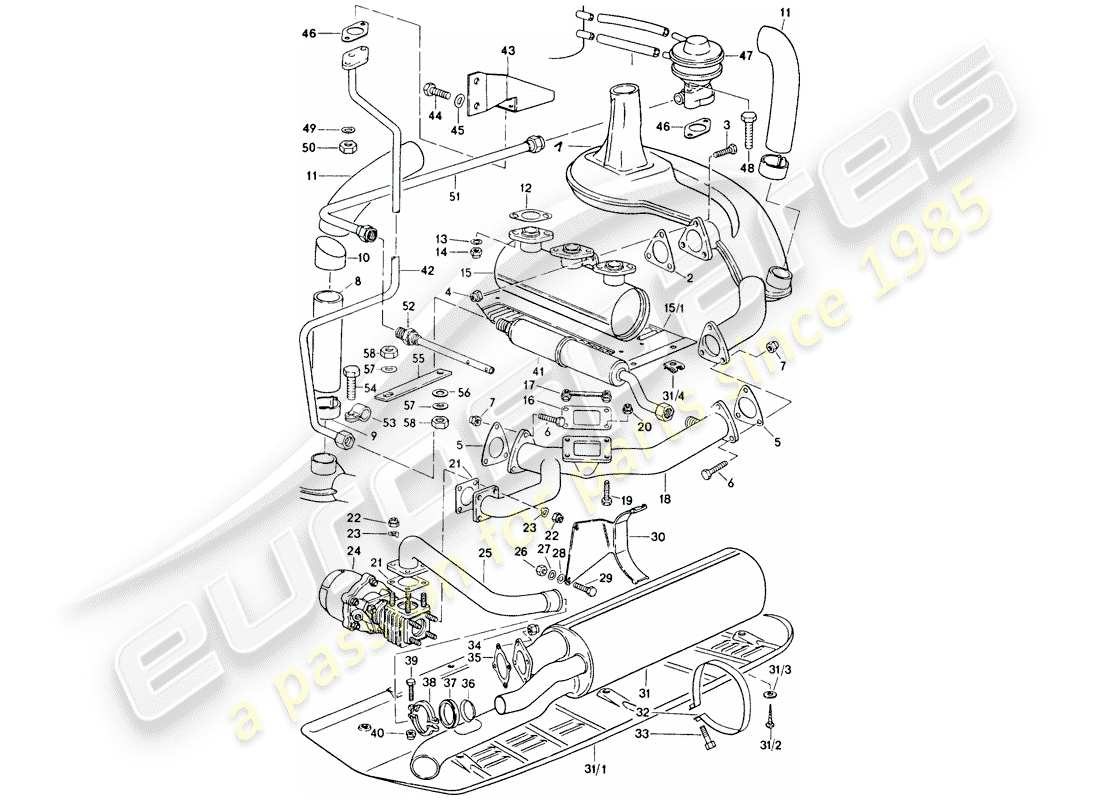 porsche 1977 (911 turbo) sistema de escape diagrama de piezas