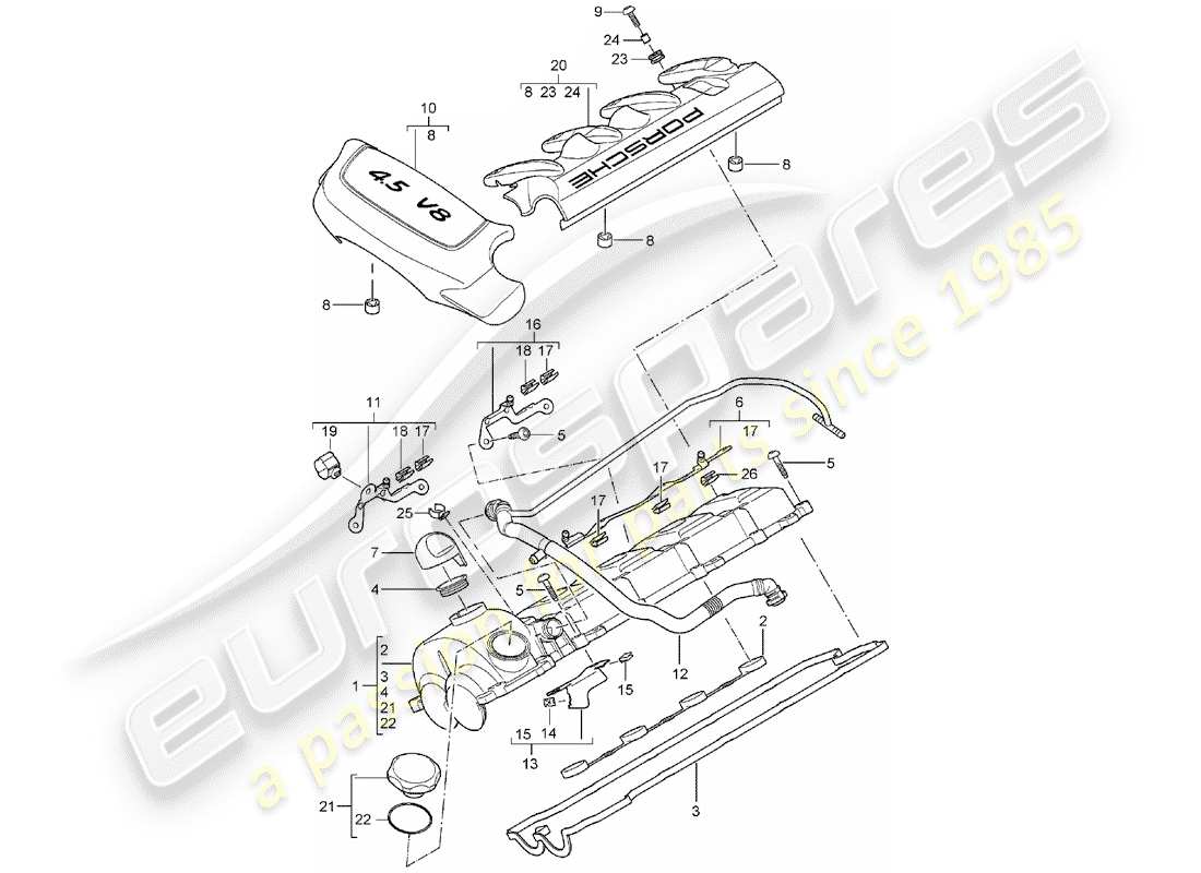 porsche 2004 (cayenne e1 9pa) valve cover diagrama de piezas