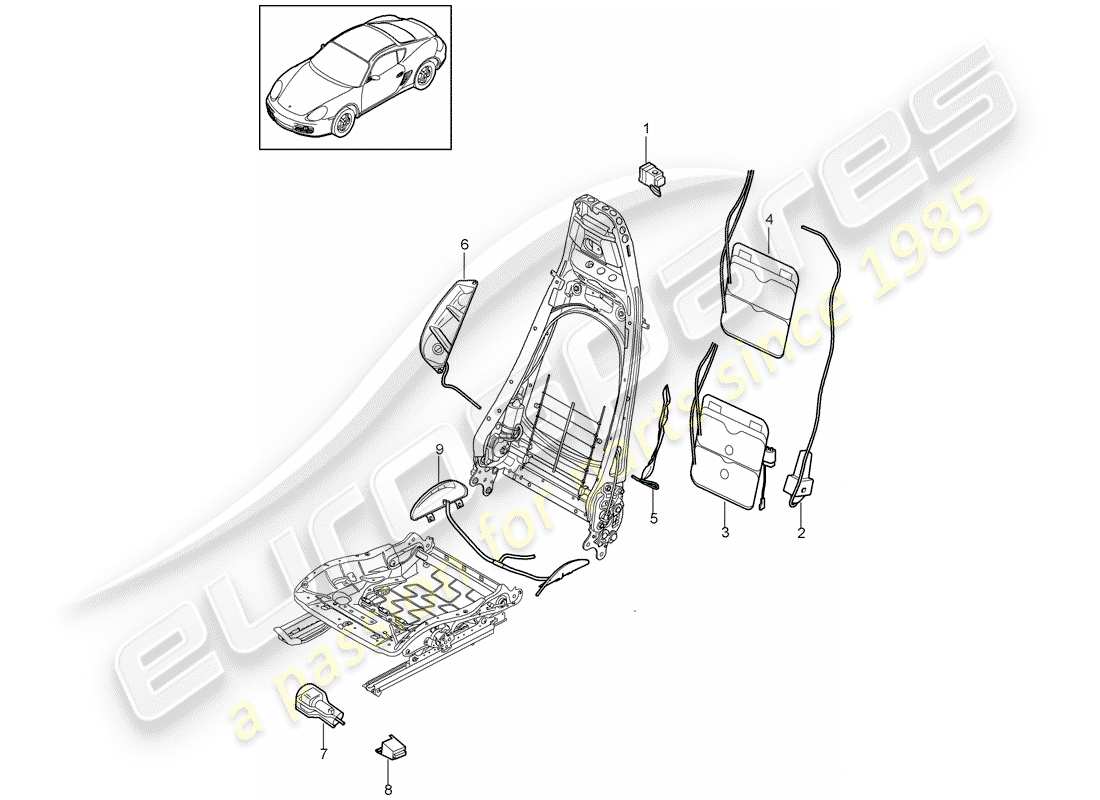 porsche 2009 (987 cayman) soporte lumbar diagrama de piezas