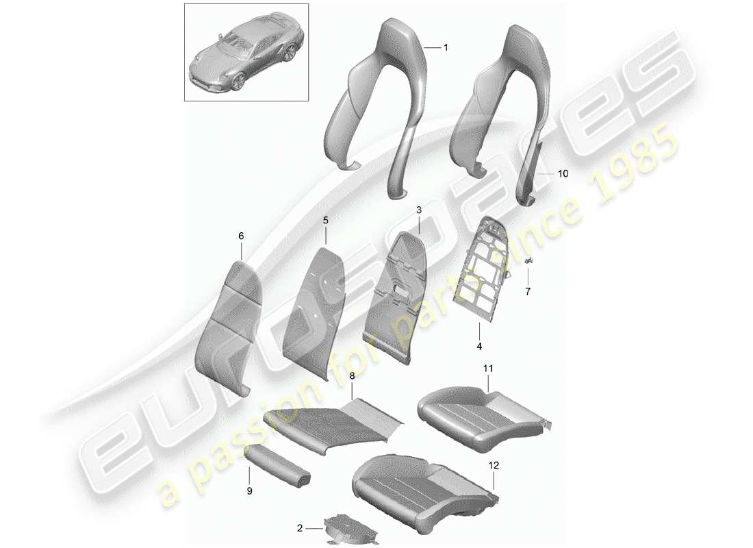 porsche 991 turbo (2016) diagrama de piezas de la pieza de espuma