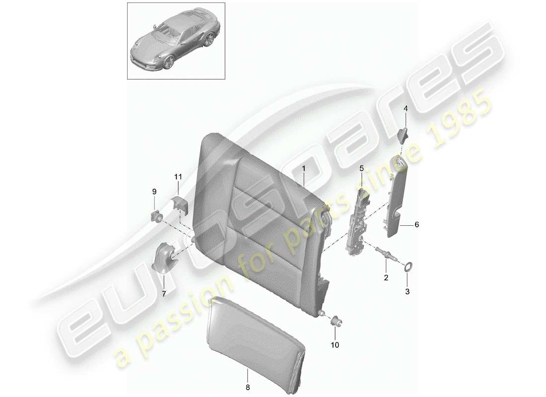 porsche 2016 (991-1 turbo) respaldo del asiento de emergencia diagrama de piezas