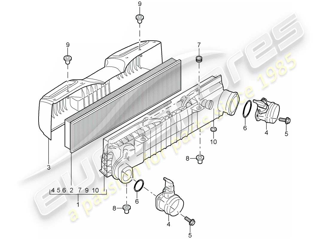 porsche 997 t/gt2 (2008) diagrama de piezas del limpiador de aire